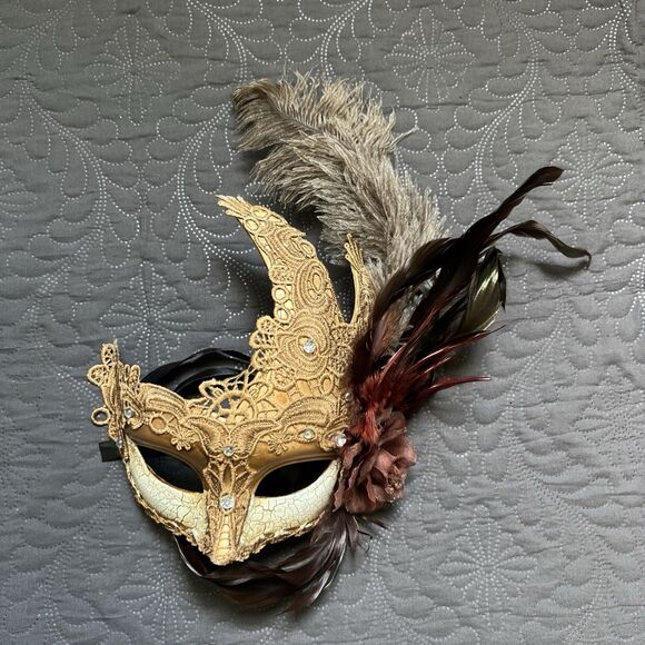Unbranded Other - Gold Lace,Rose & Feathers Mardi Gras Glam Chic Mask Mystery Halloween Party Foto